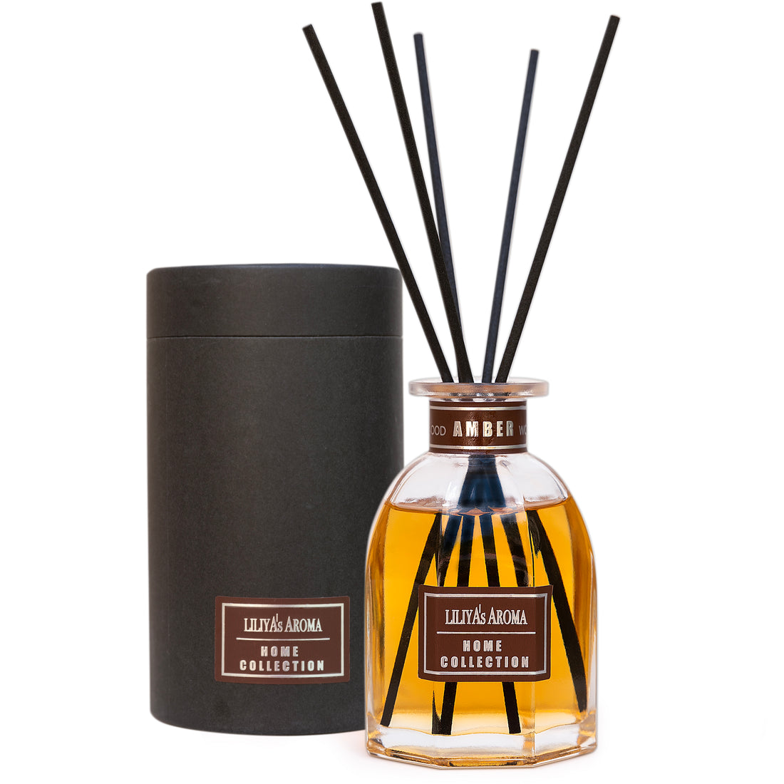 Liliya’s Aroma Reed Diffuser Amber Wood, Home Collection, Diffuser Scent of Sandalwood and Sweet Vanilla, Diffuser Set 5 oz |150 ml