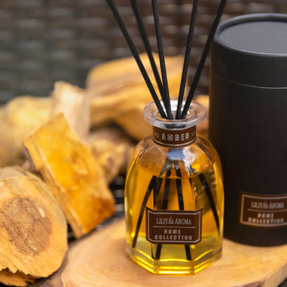 Liliya’s Aroma Reed Diffuser Amber Wood, Home Collection, Diffuser Scent of Sandalwood and Sweet Vanilla, Diffuser Set 5 oz |150 ml