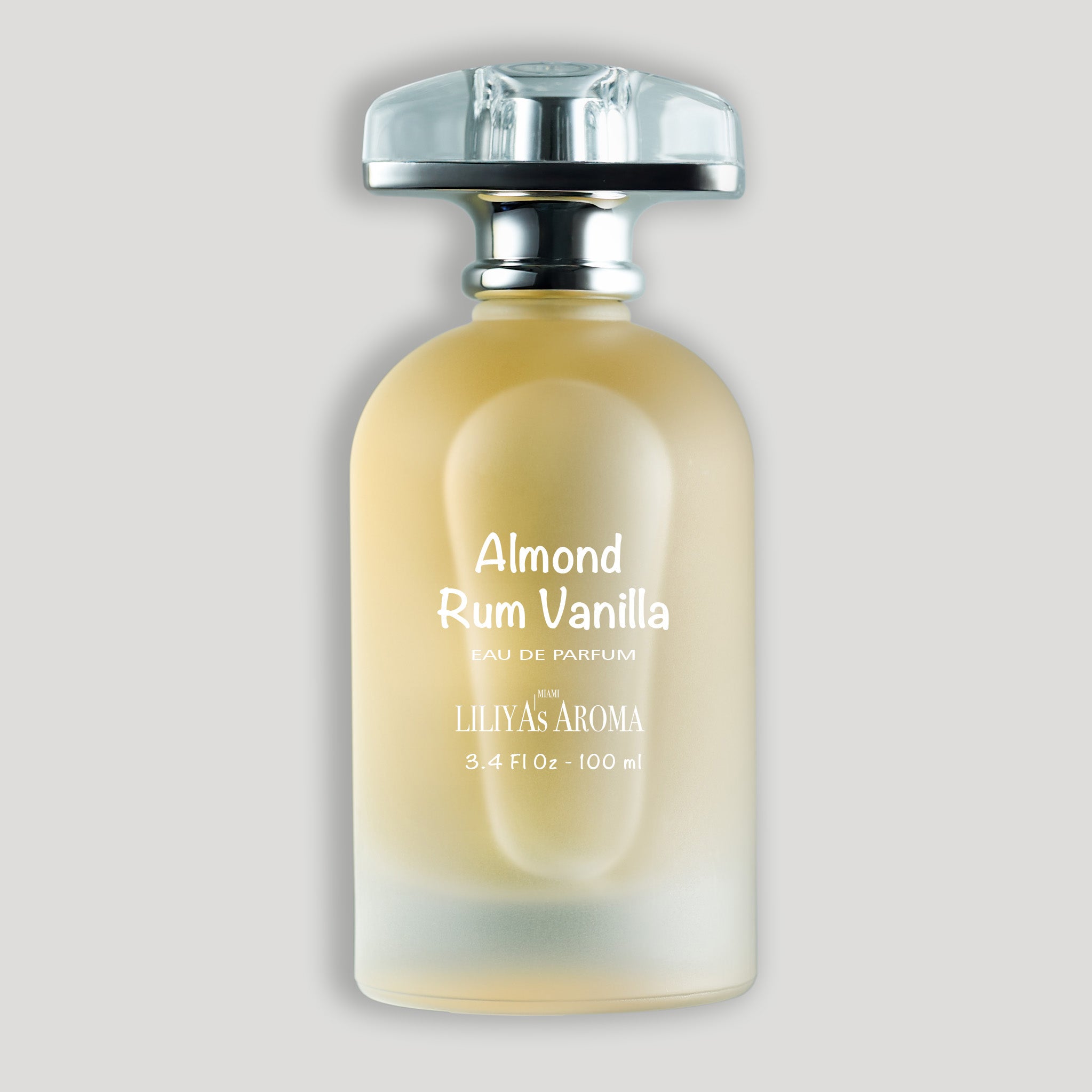 Almond Rum Vanilla Eau de Parfum by Liliya’s Aroma – luxury unisex perfume with bitter almond, rum, creamy vanilla, tonka bean, and sandalwood notes in elegant glass bottle