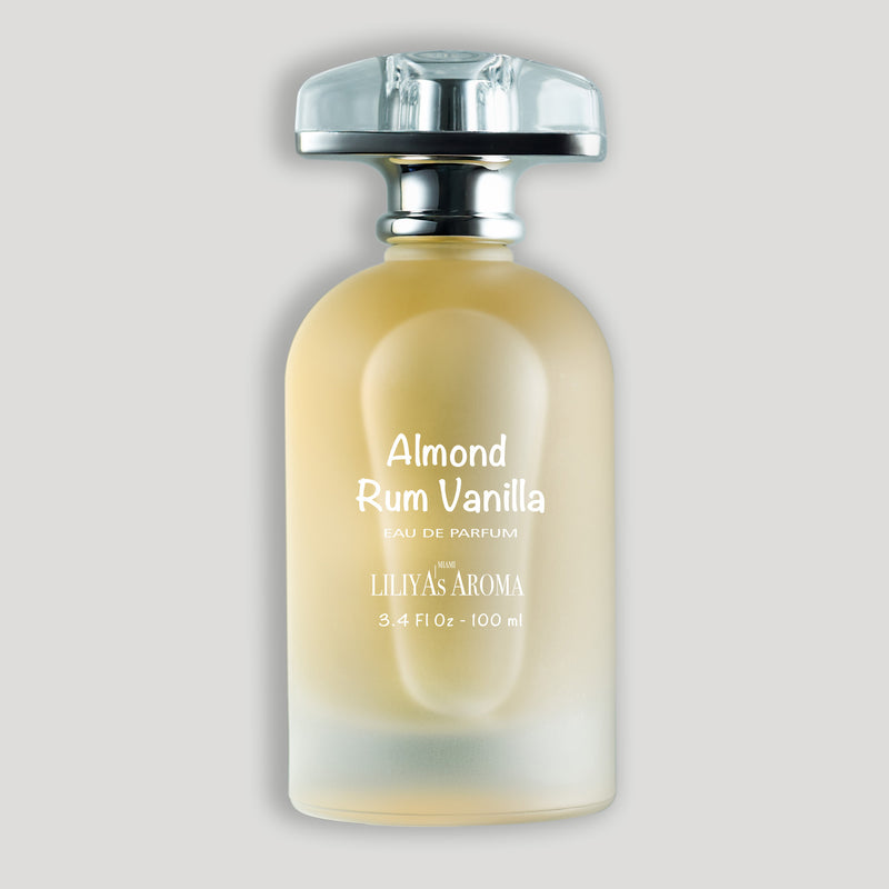 Almond Rum Vanilla Eau de Parfum by Liliya’s Aroma – luxury unisex perfume with bitter almond, rum, creamy vanilla, tonka bean, and sandalwood notes in elegant glass bottle