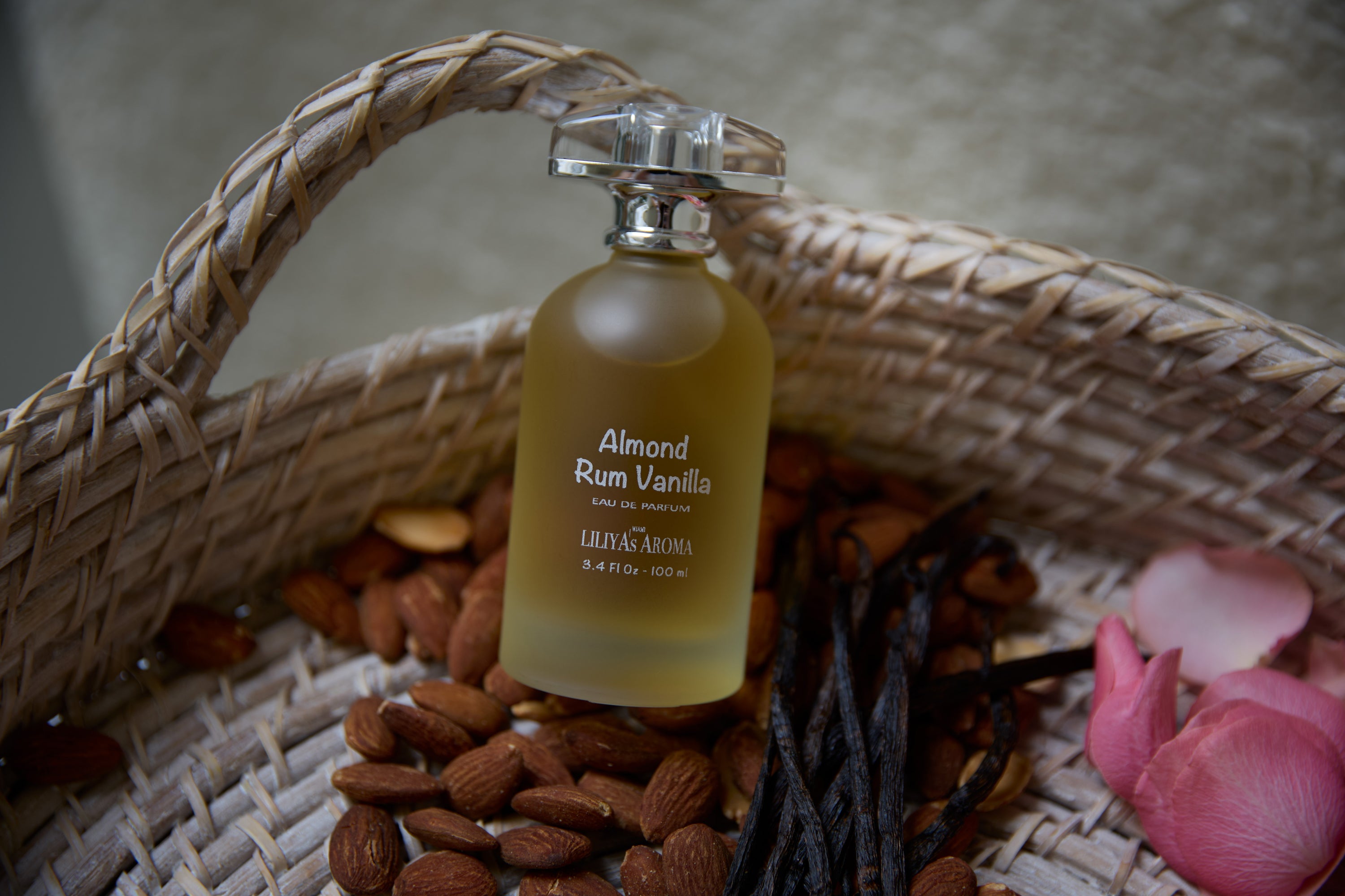 Almond Rum Vanilla Eau De Parfum by Liliya’s Aroma featuring bitter almond, dark rum, and creamy vanilla in a luxury gourmand fragrance bottle