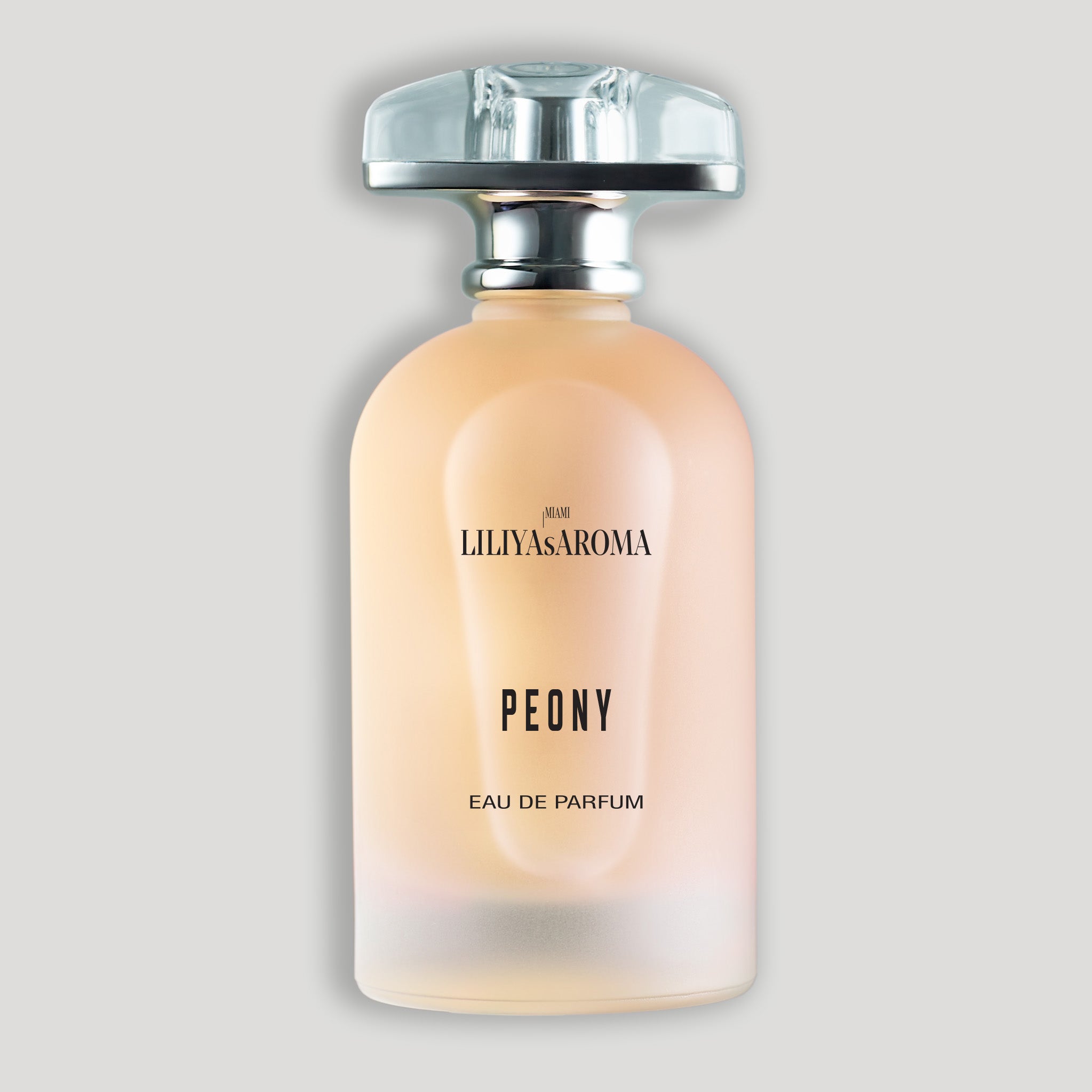 Peony Eau De Parfum by Liliya’s Aroma, luxury floral perfume with mandarin citrus opening, peony bouquet, and musky vanilla base in elegant glass bottle
