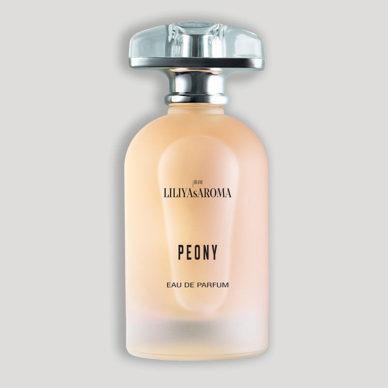 Peony Eau De Parfum by Liliya’s Aroma, luxury floral perfume with mandarin citrus opening, peony bouquet, and musky vanilla base in elegant glass bottle