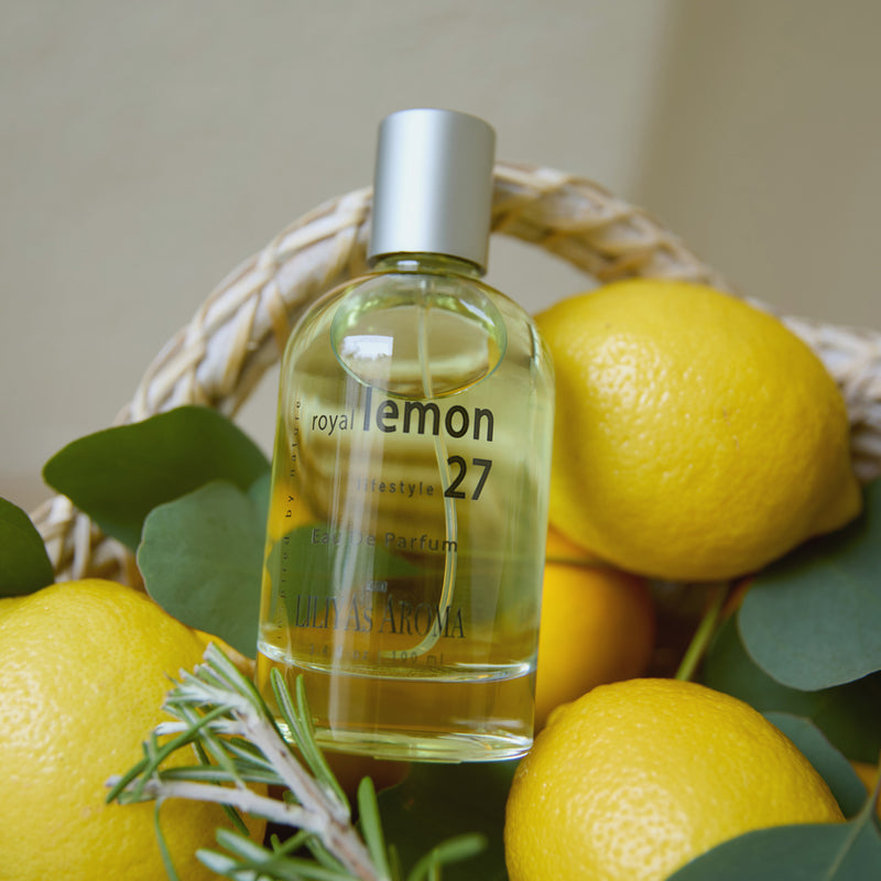 Glass bottle of Royal Lemon 27 is a fresh, green citrus fragrance 